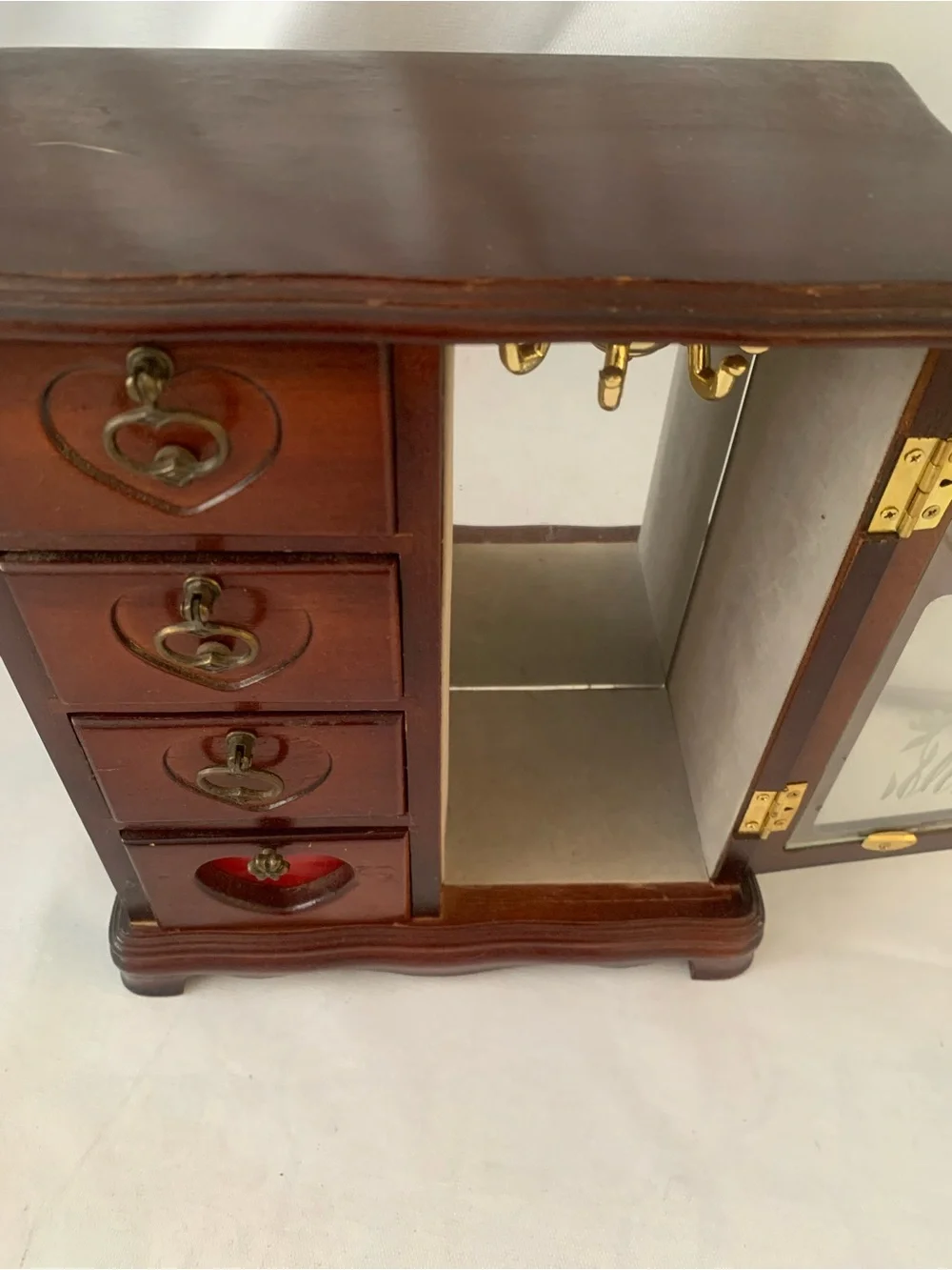 Vintage Mahogany Jewelry Box Rotating Necklace Holder 4 Heart Drawers Mirror